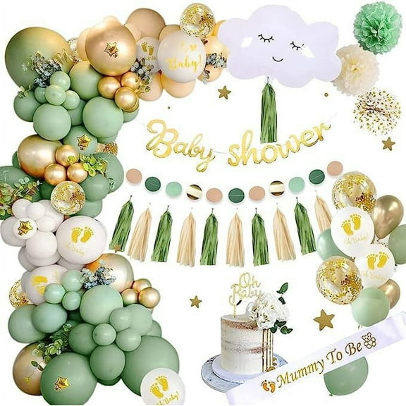 Baby Shower Decorations, Sage Green Baby Shower Decorations Neutral Baby Shower Balloons Set, Mummy to be Sash, Oh Baby Banner Cake Topper Tassels Paper Pom Poms for Gender Reveal Party Decorations
