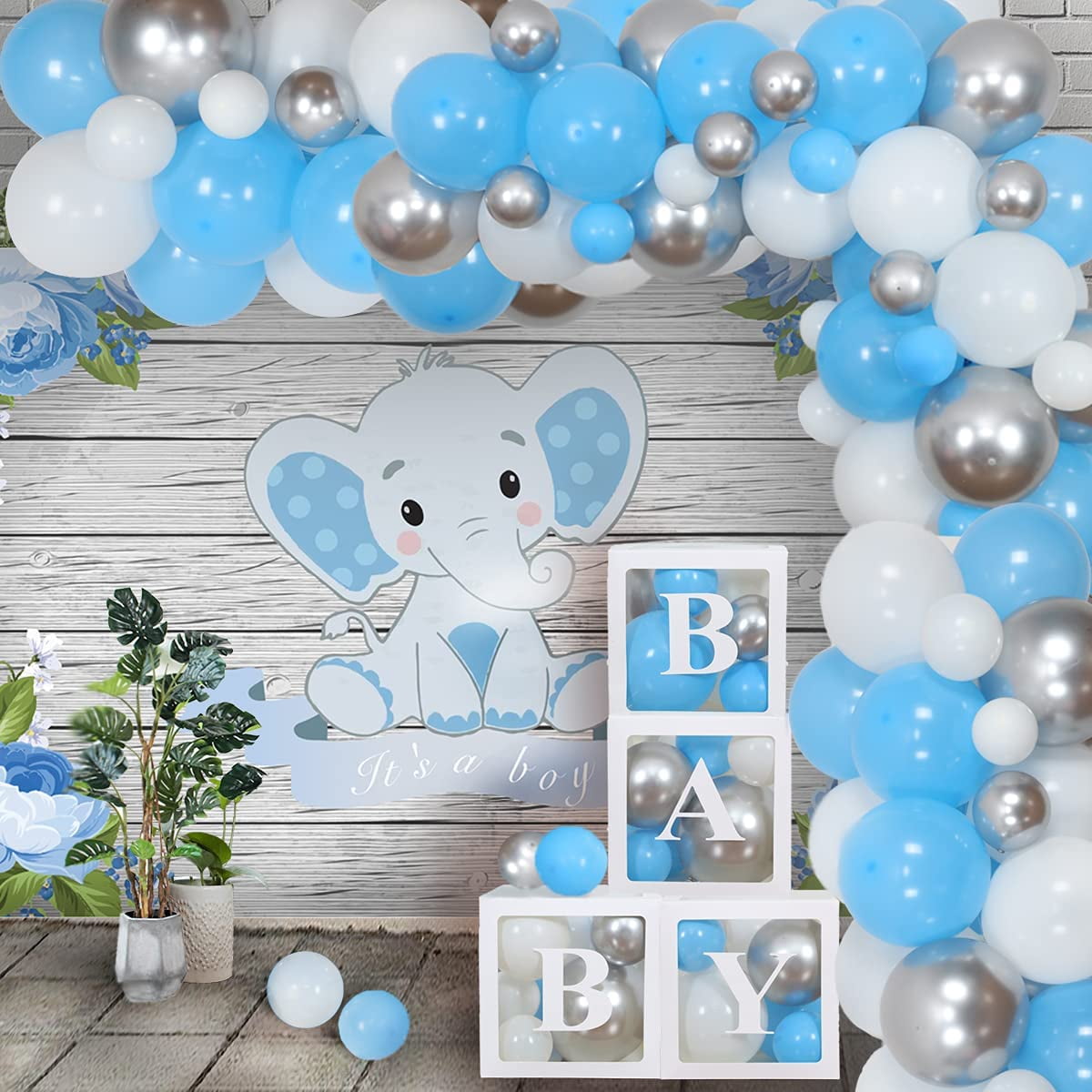 Baby Shower Decorations for Boy, Birthday Boy, 2 in 1 Set, Balloon Garland  Arch, Balloons Boxes, Elephant Baby Shower and Birthday Decorations