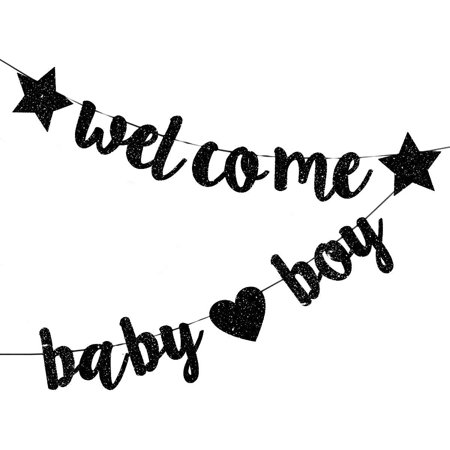 Baby Shower Decorations for Boys, Glitter Welcome Baby Boy Banner, Newborn Birthday Party Hanging Bunting, Black