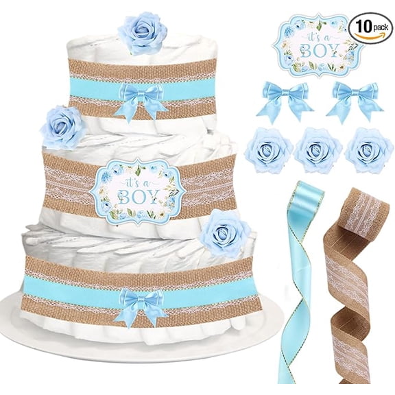 Baby Shower Diaper Cake Decorations Blue, Birthday Party Diaper Cake Supplies, Include Ribbon, Bow Tie, Cake Cards, Artificial Flowers(Diapers Not Included)