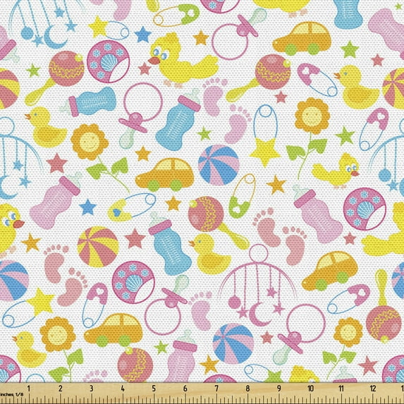 Baby Shower Fabric by the Yard Upholstery, Toys Pattern Car Sunflower and Pacifier Yellow Toned Colorful Image, Decorative Fabric for DIY and Home Accents, 5 Yards, Multicolor by Ambesonne