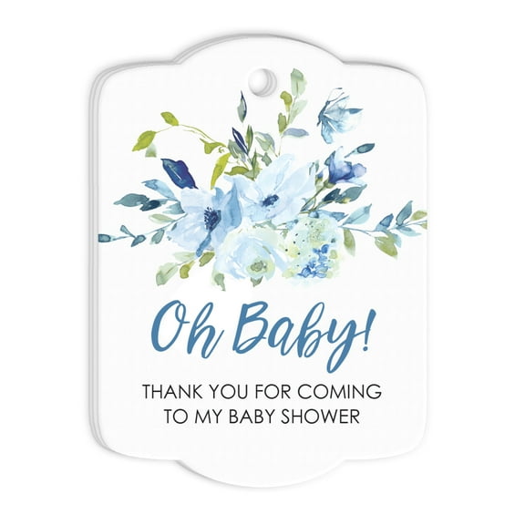 Baby Shower Favor Tags Blue Floral Rounded Set of 24