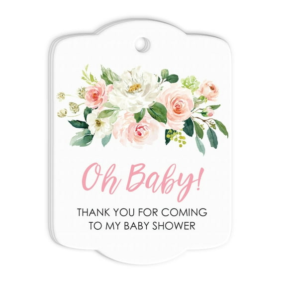 Baby Shower Favor Tags Pink Floral Girl Rounded Set of 24