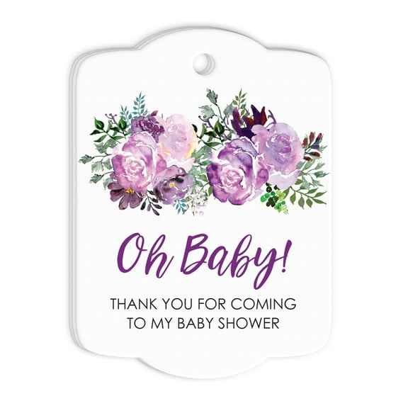 Baby Shower Favor Tags Purple Floral Rounded Set of 24