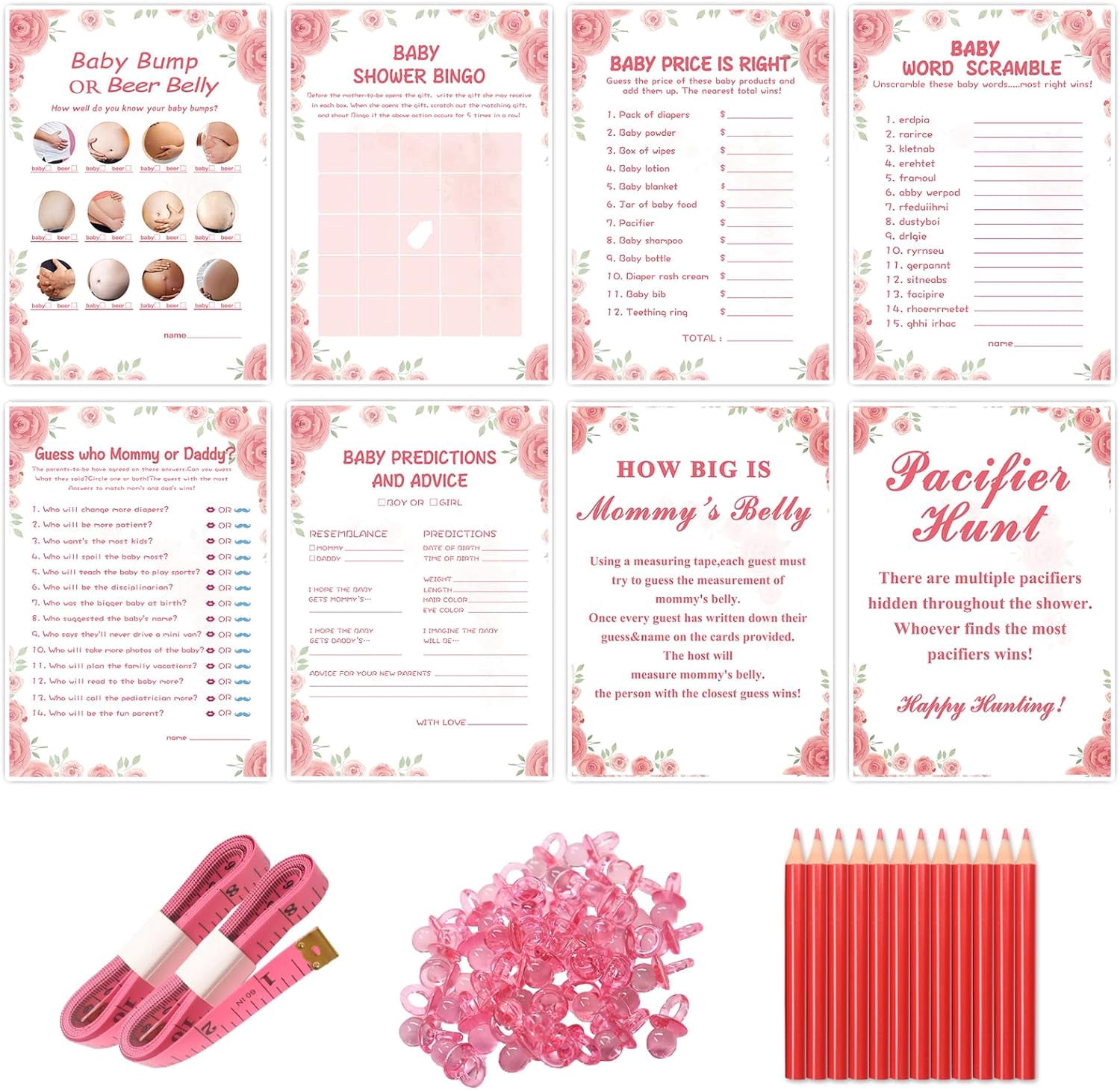Baby Shower Games for Girl-8 Games,Fun and Easy to Play,Includes Baby Shower Bingo,Price is Right,Guess Who Mommy or Daddy,Word Scramble,Prediction and Advice,How Big is Mommys Belly,Pacifier Hunt