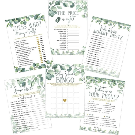 Baby Shower Games (Set of 6 Fun Activities for 25 Guests), Neutral Greenery Floral Eucalyptus Theme For Boy or Girl