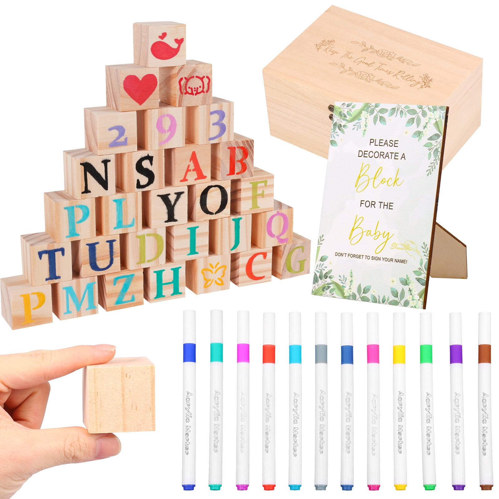 Toorise Baby Shower Games Sign Kit Unique Baby Shower Blocks to Decorate Game Kit with 52 Blocks 24 Markers 1 Sign and Wood Box for Boy and Girl Party