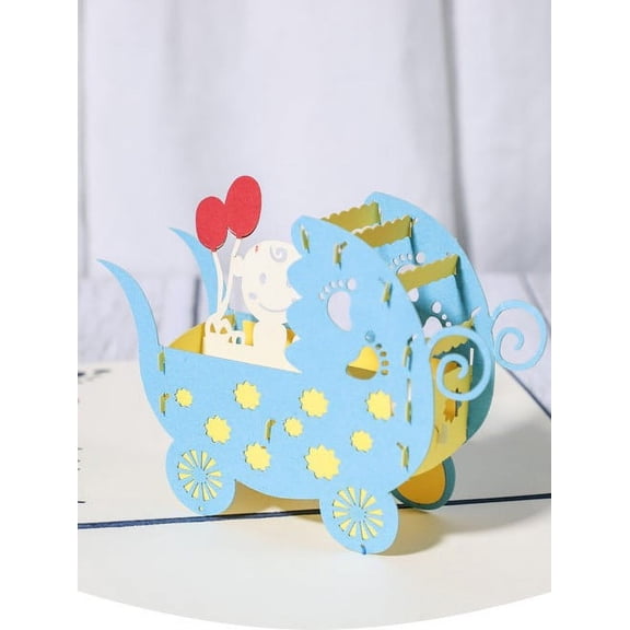 Baby Shower Gender Reveal Greeting Card 3D Baby Stroller with Envelope - Baby Boy