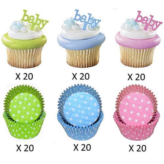 Baby Shower Gender Reveal Party Cupcake Liners and Toppers - Enough for 60 Cupcakes ("Baby" Pink, Blue, and Green)