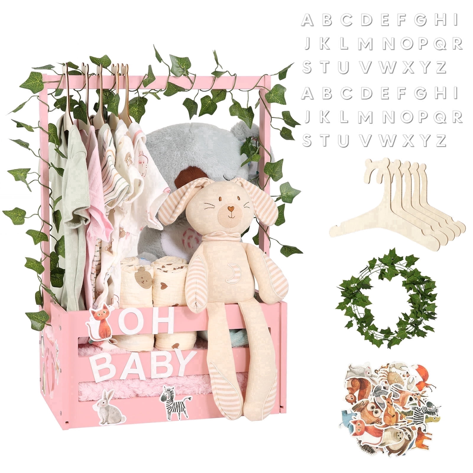 TeSabMi Baby Shower Gift Basket, Wooden Crate with Personalized Letters and Clothes Hangers, Newborn Gift Set (Pink)