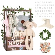 Tesabmi Baby Shower Crate Closet, Personalized Wooden Baby Shower Gift Basket with Custom Name Letters, Clothes Hangers and Vine, Brown