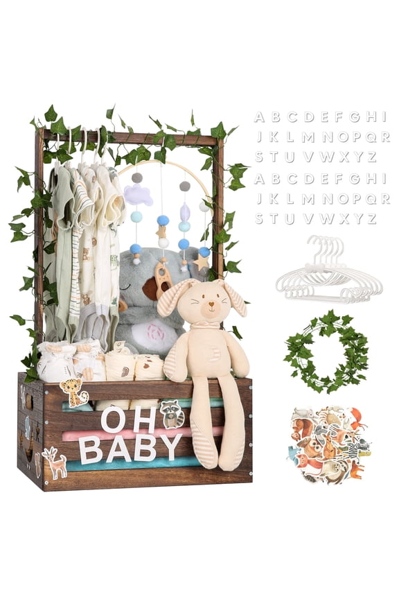 Baby Shower Gifts Basket Wooden Crate, Personalized Wooden Letters and Baby Clothes Hangers New Born Baby Girl Boy Gifts Vine Decorations Cute Closet with Handle Pregnancy Gifts for New Mom Parents