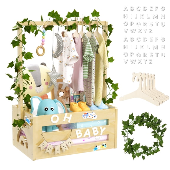 Baby Shower Gifts Basket Wooden Crate, Personalized Wooden Letters and Baby Clothes Hangers New Born Baby Girl Boy Gifts Vine Decorations Cute Closet with Handle Pregnancy Gifts for New Mom Parents