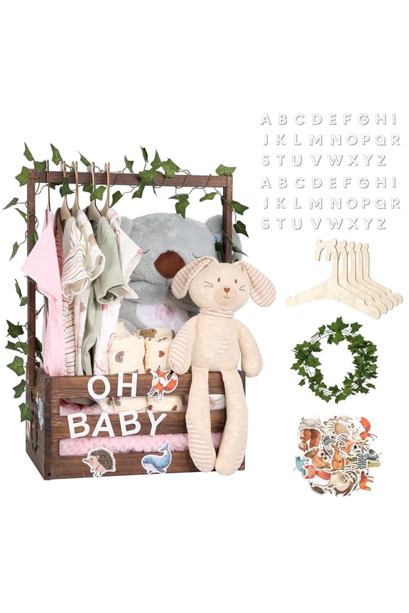 Baby Shower Crate Closet, Personalized Wooden Baby Shower Gift Basket with Custom Name Letters, Clothes Hangers and Vine, Brown