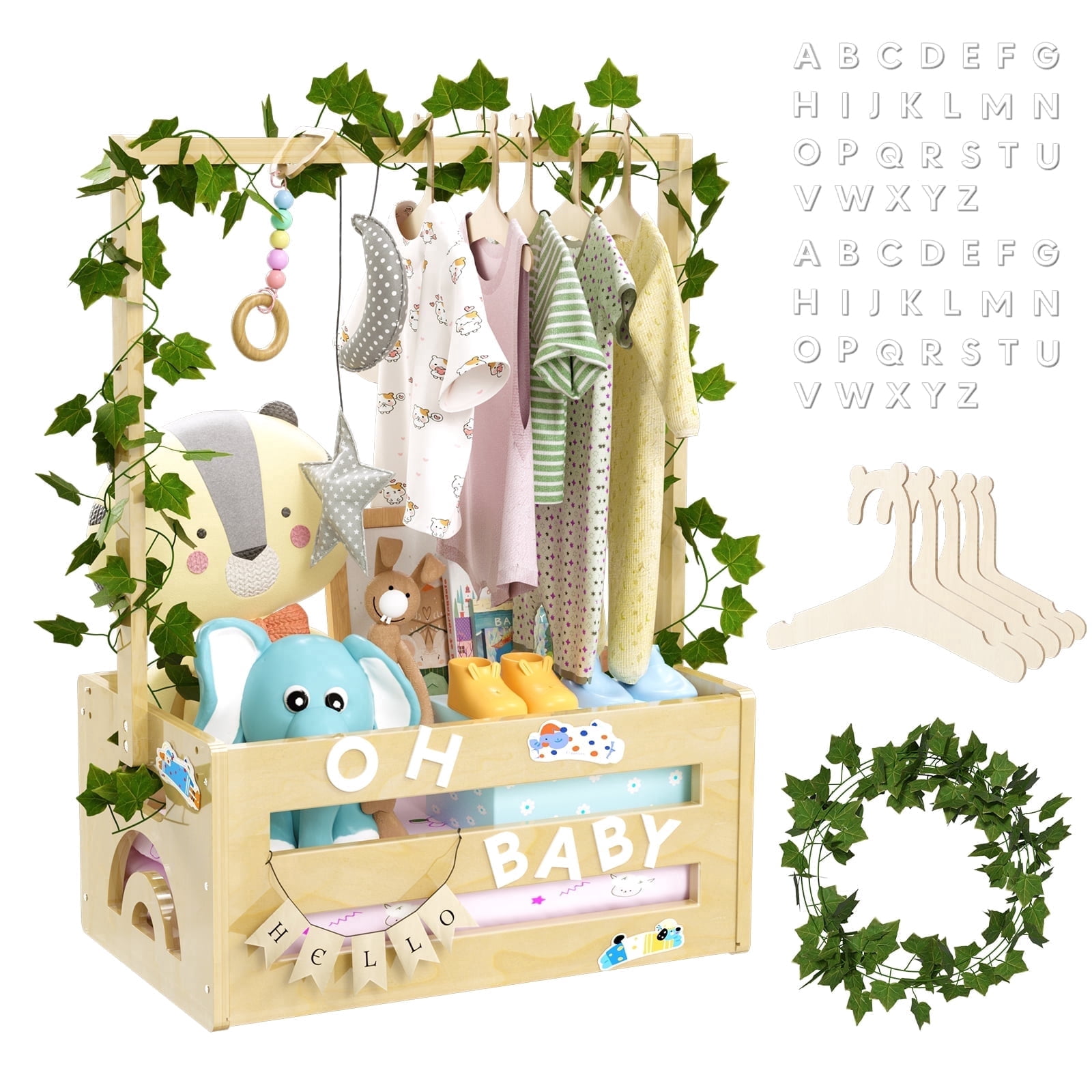 TeSabMi Baby Shower Gift Basket, Wooden Crate with Personalized Letters and Clothes Hangers, Newborn Gift Set