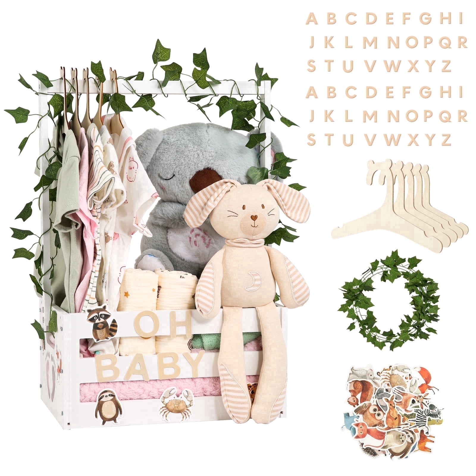 TeSabMi Baby Shower Gift Basket, Wooden Crate with Personalized Letters and Clothes Hangers, Newborn Gift Set (White)