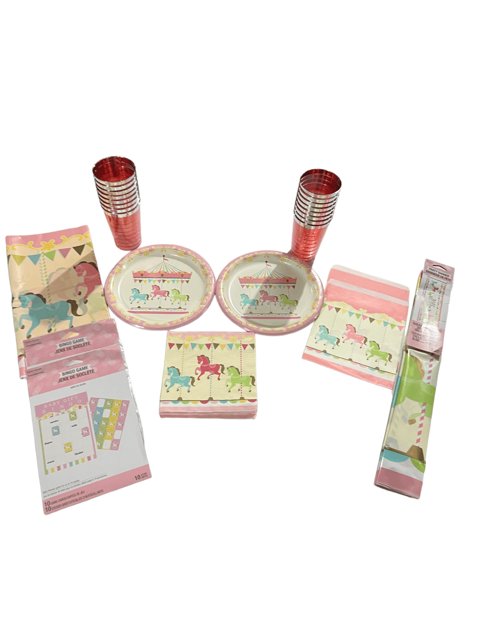 Baby Shower Girl Carousel Party Bundle For 16 Guests with Plates, Cups, Napkins, Favor Bags, Table Covering, Treat Bags, Party Banner and Party Games