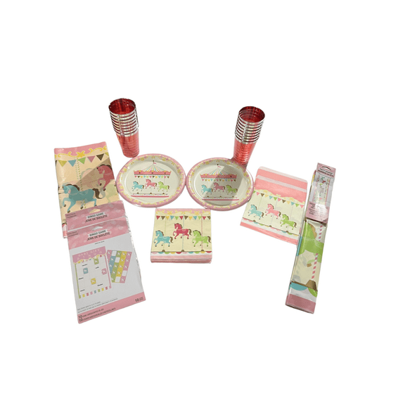 Baby Shower Girl Carousel Party Bundle For 16 Guests with Plates, Cups, Napkins, Favor Bags, Table Covering, Treat Bags, Party Banner and Party Games