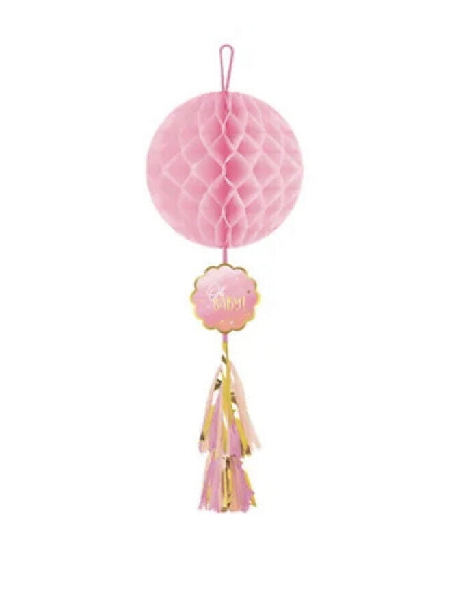 BABY SHOWER Sweet Floral HONEYCOMB DECORATIONS W/ TASSELS (3ct