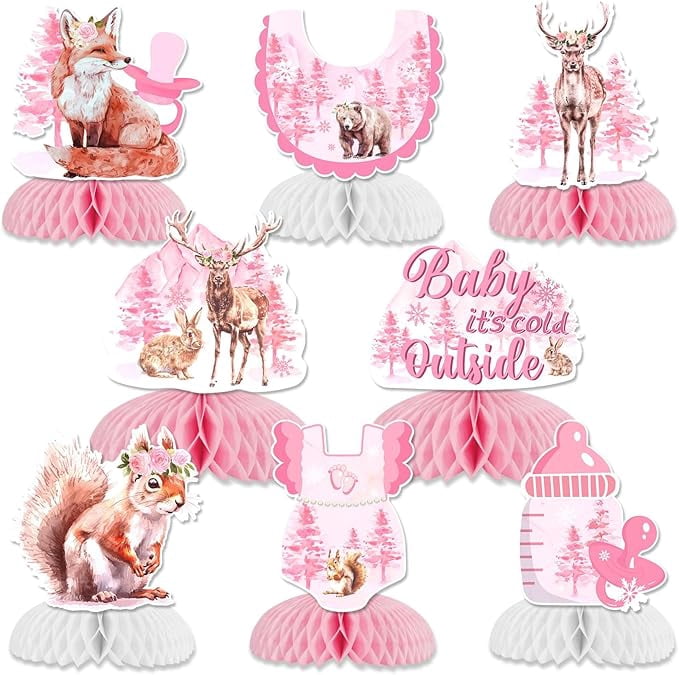 Baby Shower Honeycomb Centerpieces for Girl, Woodland Baby It's Cold Outside Baby Shower Decorations Pink for Winter Woodland Baby Shower Gender Reveal Party Supplies