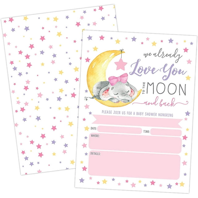 Baby Shower Invitation, Love You to The Moon and Back Baby Shower Invitation, Girl Elephant Baby Shower Invite, Twinkle Twinkle Little SAR, 20 Fill in Invitations and Envelopes