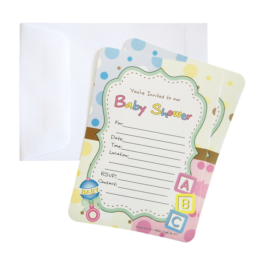 Baby Shower Invitations, 12-Piece, 7-Inches, ABC Blocks Baby Rattle ...