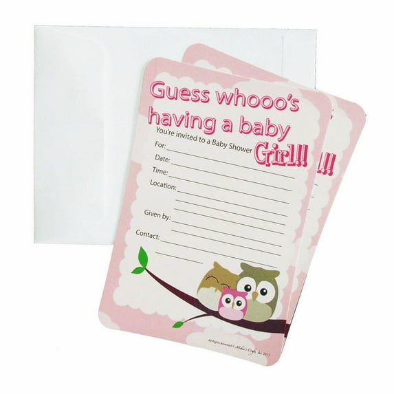 Baby Shower Invitations, 12-Piece, 7-Inches, Owl Baby Girl, Light Pink