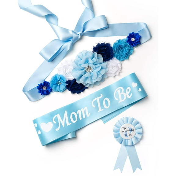 Baby Shower Maternity Sash Belly Belt, Mom to Be & Dad to Be Button Pin, Pregnancy Maternity Flower Sash Belt for Gender Reveal