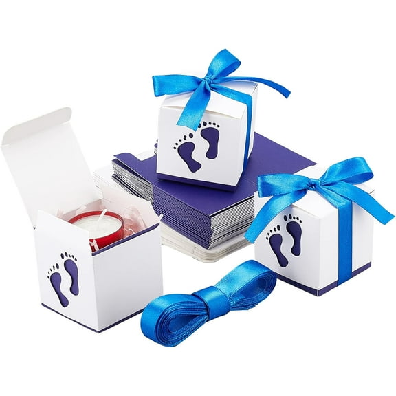 Baby Shower Paper Gift Box Newborn Baby Candy Box Footprints Folding Boxes Baptism Candy Container with Ribbon Party Table Decor Birthday Wedding Gift Favor Blue 2.4 x 2.4 x 2.4 Inch