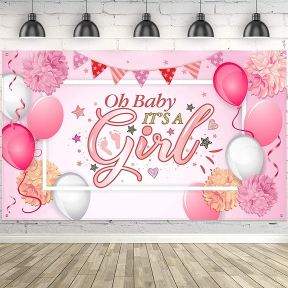 Baby Shower Party Backdrop Decorations, Large Durable Fabric Made Baby Shower Banner Backdrop Photo Booth Background for Boy's or Girl's Baby Shower Party Supplies (Girl Style)