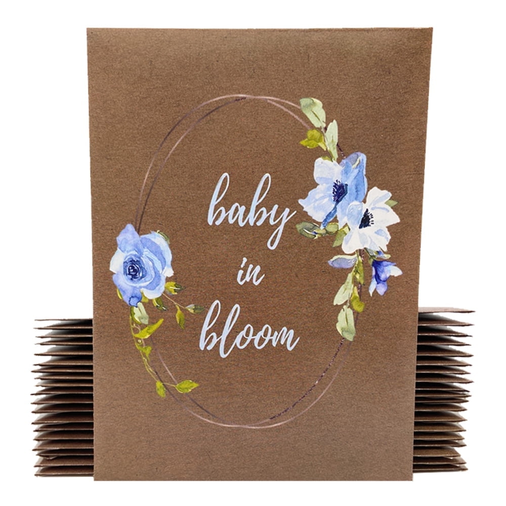 Baby Shower Party Favors for Guests - Baby in Bloom Seed Packets - Blue Floral Accents and Greenery - Already Filled - Pack of 20