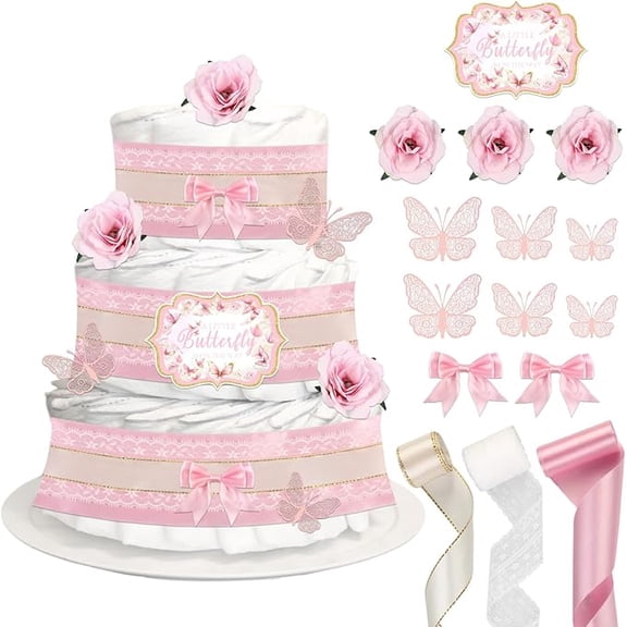 Baby Shower Pink Butterfly Diaper Cake Decorations, Birthday Party Diaper Cake Supplies, Include Ribbon, Bow Tie, Wall Stickers, Cake Topper, Artificial Flowers(Diaper Not Included)