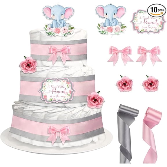 Baby Shower Pink Elephant Diaper Cake Decors, Newborn Baby Girl Birthday Party Diaper Cakes Supplies Kit, Include Ribbon, Bow Tie, Cake Topper, Artificial Flowers(Diapers Not Included)