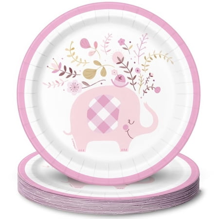 Floral Elephant Round Dessert Plates I Disposable I Pink I 8 Pcs.