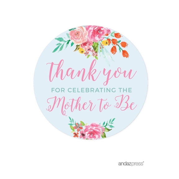 Baby Shower Pink Roses English Tea Party, 40-Pack Round Circle Label Stickers, Thank You