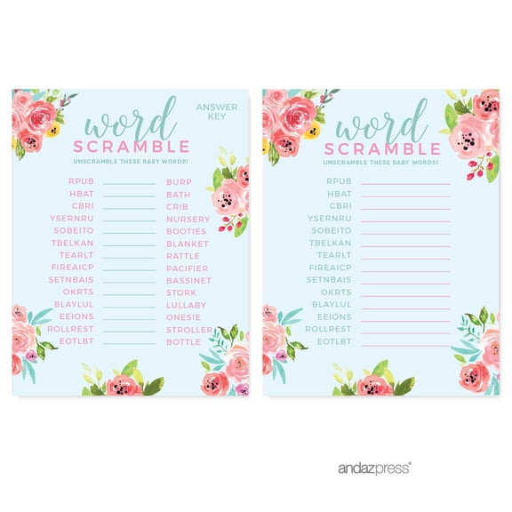 Koyal Wholesale Pink Roses English Tea Party Baby Shower Collection, Word Scramble Game Cards, 20-Pack