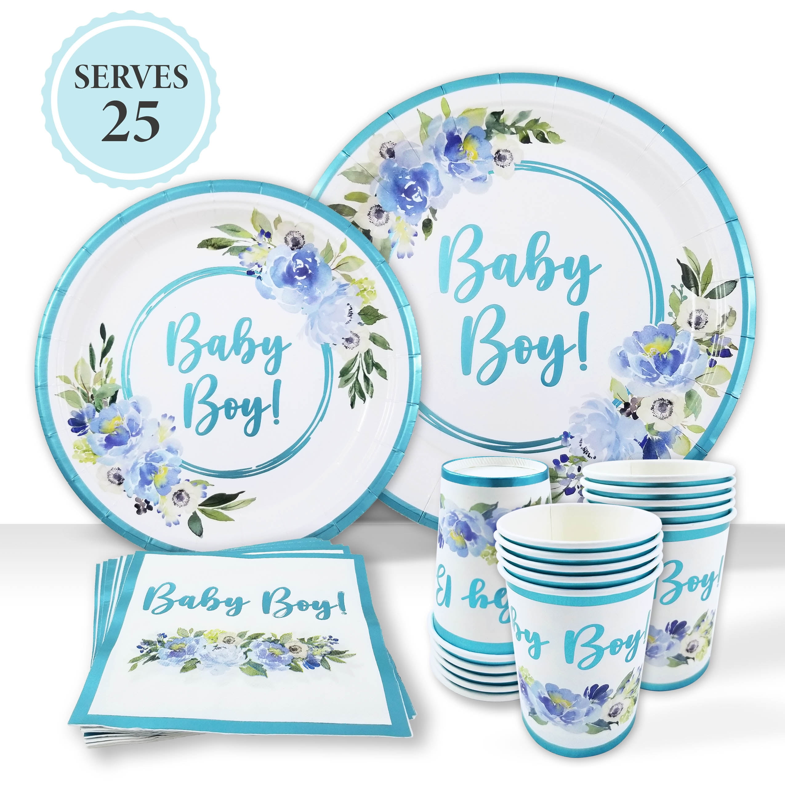 Baby Shower Plates Baby Boy Decorations 25 Servings With Light Blue Foil Floral Paper Plates Napkins Dessert Plate Disposable Cups Tableware