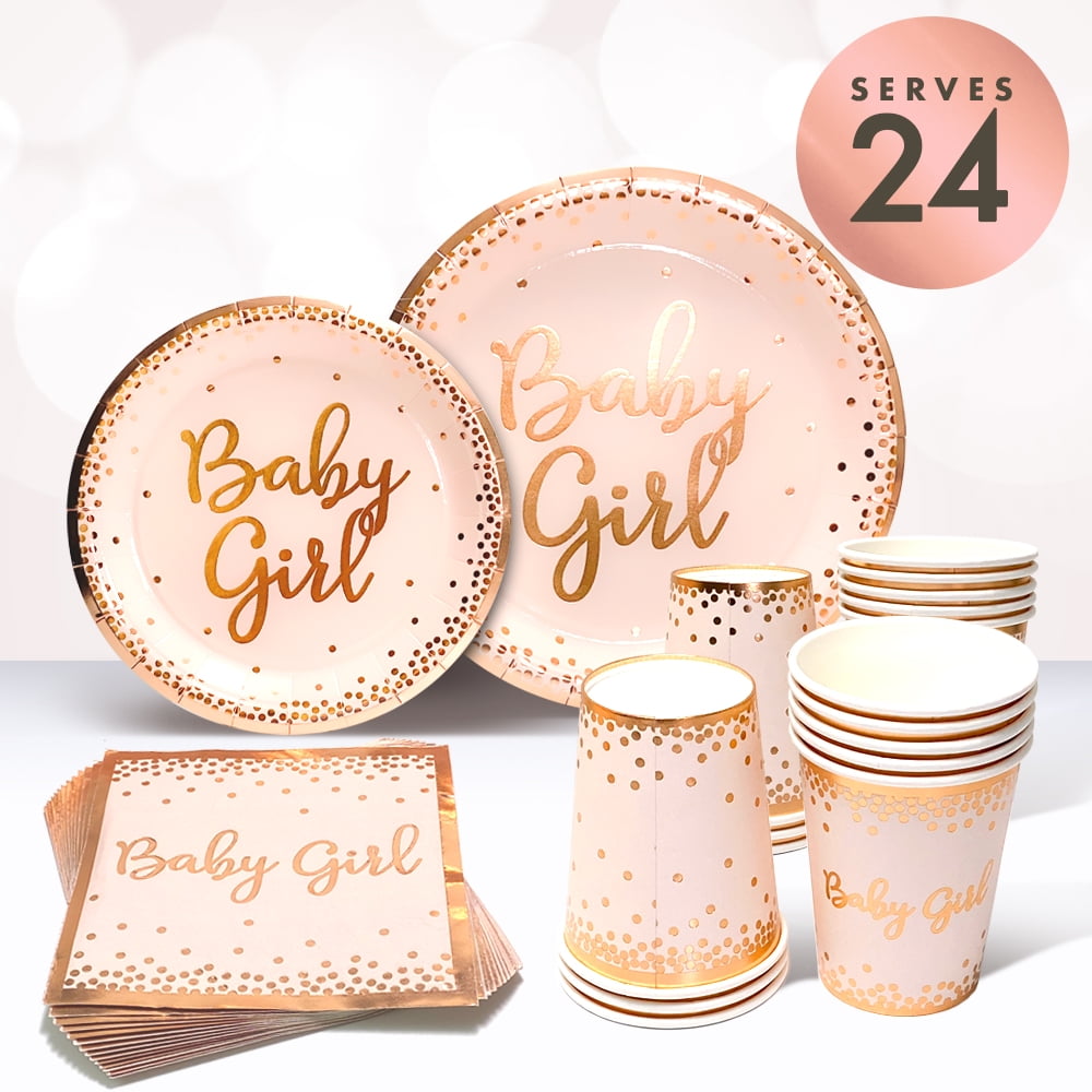Baby Shower Plates and Napkins Girl for 24 With Rose Gold Pink Paper Plates, Napkins, Disposable Cups Party Supplies