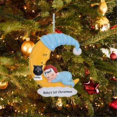 MAXORA Personalized Baby's 1st Christmas Ornament - Dark Skin Blue Baby Boy On Moon