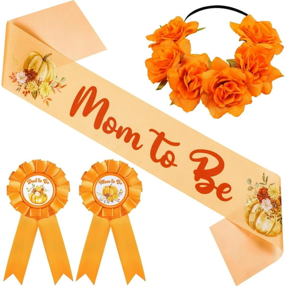 Baby Shower Sash Mom to Be Sash and Dad to Be Pin Flower Crown for Gender Reveals Baby Shower Party Favors Decorations for Boys Girls Pregnancy Props Gift(Harvest)