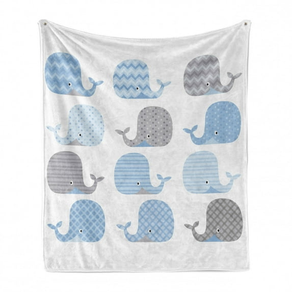 Baby Shower Soft Flannel Fleece Blanket, Chevron Dots and Stripes Whale Composition Cartoon Illustration, Cozy Plush for Indoor and Outdoor Use, 50" x 70", Pale Blue Grey and White, by Ambesonne