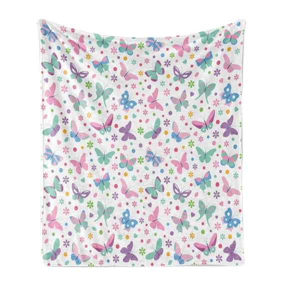 Baby Shower Soft Flannel Fleece Throw Blanket, Butterflies Hearts and Dots Nursery Themed Composition Colorful Illustration, Cozy Plush for Indoor and Outdoor Use, 60" x 80", Multicolor, by Ambesonne
