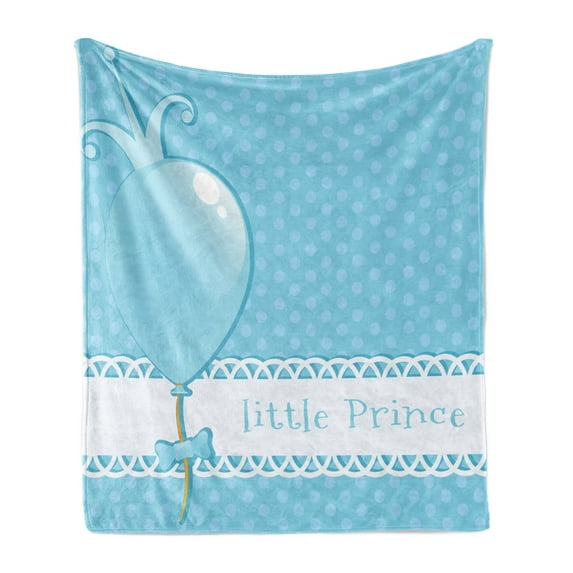 Baby Shower Soft Flannel Fleece Throw Blanket, Little Prince Lettering Polka Dots and Balloon, Cozy Plush for Indoor and Outdoor Use, 60" x 80", Blue Baby Blue, by Ambesonne