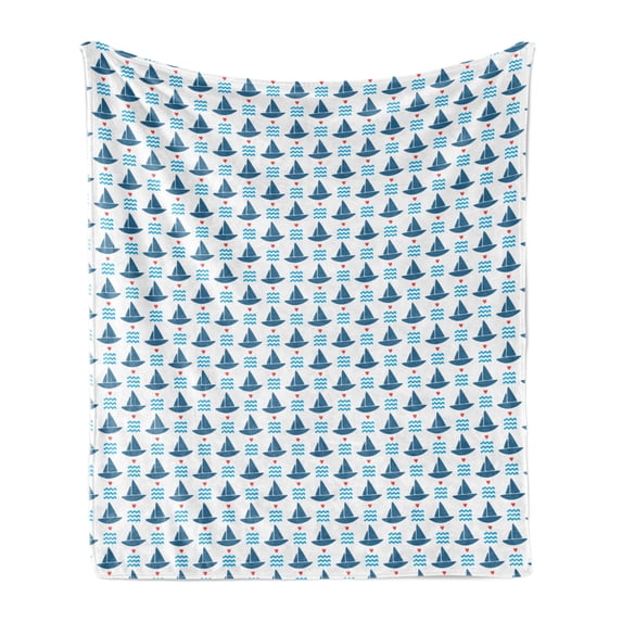 Baby Shower Soft Flannel Fleece Throw Blanket, Pastel Little Boats Sailing on Sea Waves Hearts Birthday Celebration, Cozy Plush for Indoor and Outdoor Use, 50" x 70", Blue Red White, by Ambesonne
