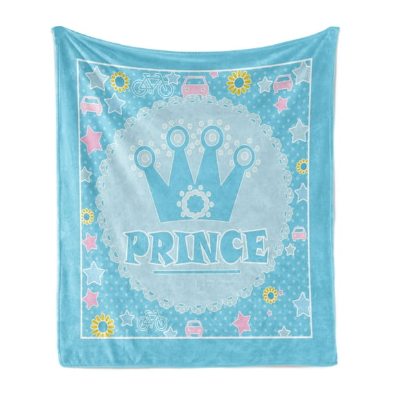 Baby Shower Soft Flannel Fleece Throw Blanket, Prince Calligraphy with a Crown Pictogram Cartoon Flower Car and Star Ornate, Cozy Plush for Indoor and Outdoor Use, 50" x 70", Multicolor, by Ambesonne