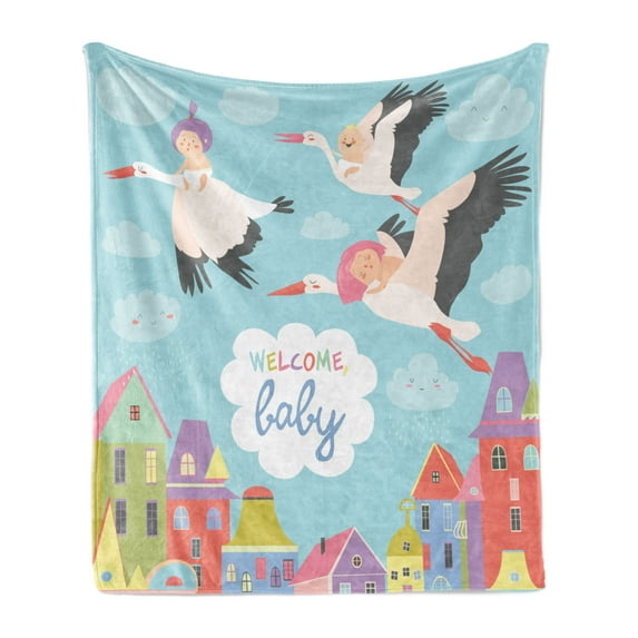 Baby Shower Soft Flannel Fleece Throw Blanket, Storks Flying over Town Delivering Babies Cartoon City New Born Announcement, Cozy Plush for Indoor and Outdoor Use, 70" x 90", Multicolor, by Ambesonne