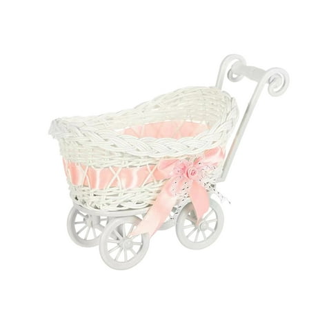 Baby Shower Stroller Decor - Rattan Doll Carriage with Woven Flower Basket for Centerpieces, Party Favors, Candy Container, and Vintage Theme Decorations