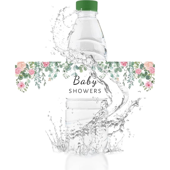 Baby Shower Water Bottle Labels, 50Pcs Waterproof Drink Wrappers Green Leaf and Pink Flower Bottle Stickers for Baby Shower Party Decor
