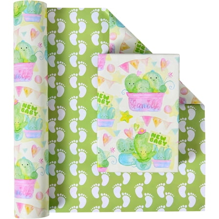 Baby Shower Wrapping Paper - Mini Roll-17 Inch X 33 Feet- Green Baby Plant and Footprint Design Wrapping Paper for Boys Girls Baby Shower Kids Birthday Party