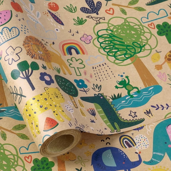 Baby Shower Wrapping Paper Roll - 17 Inches x 16.4 Feet Colorful Cartoon Animal Design on Kraft for Boy or Neutral Gift Wrapping, Kids' Birthday Party and